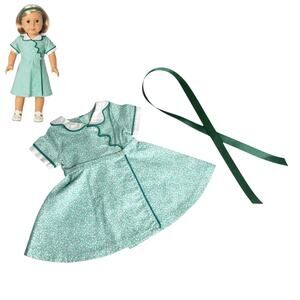American Girl Kit Birthday Dress & Hair Ribbon Green Floral Belted Doll Outfit